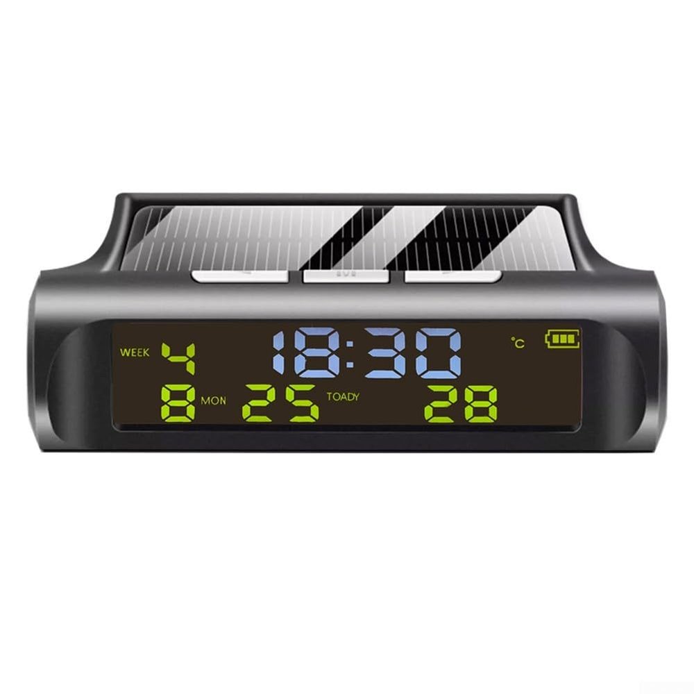 Car Clock with Digital Dashboard Thermometer, Solar Powered Auto and Interior, ABS Plastic Multi-Function Display for Vehicle Dashboard