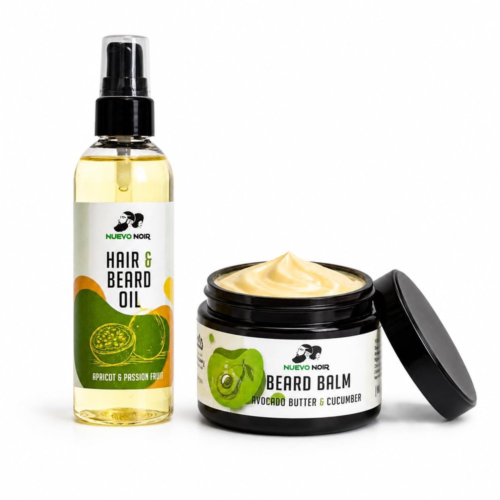 Nuevo Noir Hair & Beard Oil and Beard Balm Bundle, Apricot & Passion Fruit Oil, Avocado Butter & Cucumber Balm, Natural Grooming Set