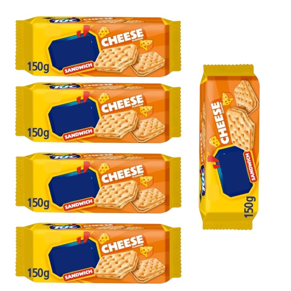 TUC Sandwich Cheese Flavour Cracker Biscuits, Pack of 5, Vegetarian-Suitable Savoury Snack, 150g