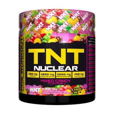 NXT Nutrition TNT Nuclear Pre-Workout, 200mg Caffeine, 4g Citrulline Malate, 3g Creatine, 3g Beta-Alanine, 30 Servings, 420g, Energy and Endurance (Mixed Candy)