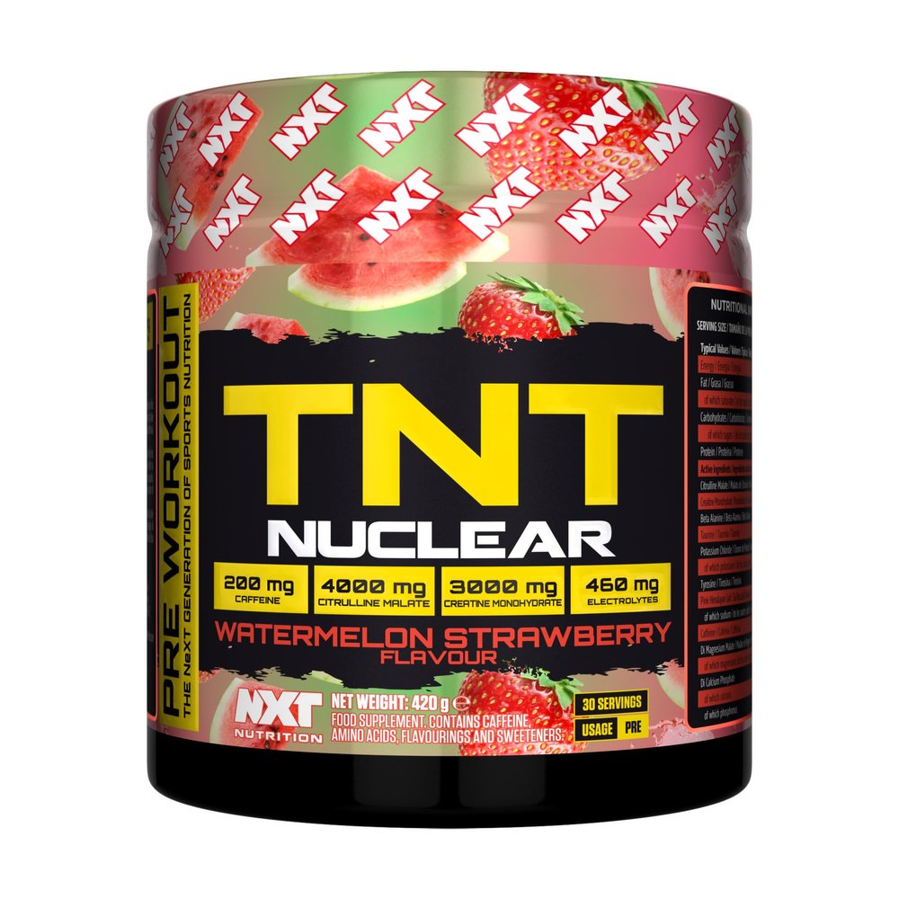 NXT Nutrition TNT Nuclear Pre-Workout, 200mg Caffeine, 4g Citrulline Malate, 3g Creatine, 3g Beta-Alanine, 30 Servings, 420g, Energy and Endurance (Watermelon Strawberry)