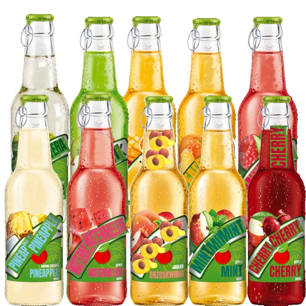 Random Mixed Flavour Soft Drink Glass Bottle 250ml - Apple, Peach, Mint, Orange Peach, Raspberry Mint, Arbuz-watermelon, Mango & Orange, Coconut Pineapple,Grape Aloe Vera - tmbk (18 x Mixed Bottle)