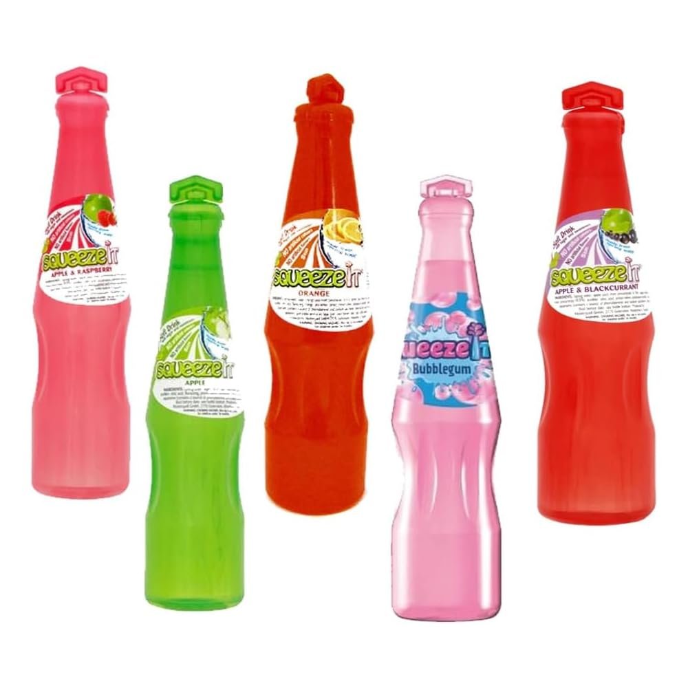 Random Mixed Flavours of Squeze It Orange, Applee,Apple & Raspberry,Bubblegum,Apple & Blackcurrant Flavoured Soft Drink Spring Water Bottle 200ml (5 x Mixed Bottles)