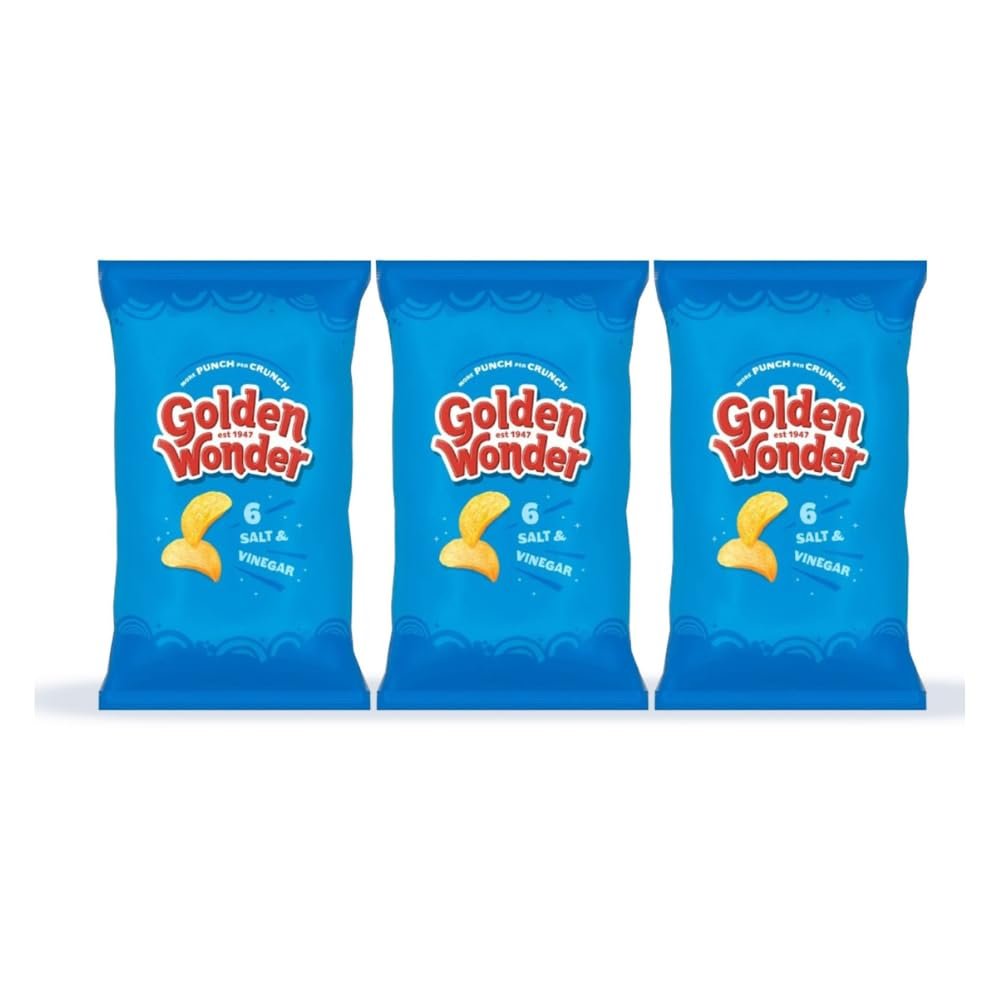 Golden Wonder Salt & Vinegar Crisps Multipack 6 x 25g (Pack of 3) Tangy & Crunchy Potato Chips, Classic British Snack, 18 Individual Bags for Lunchboxes & Sharing