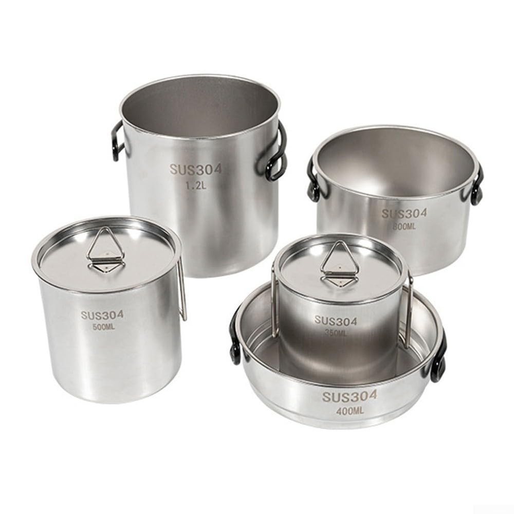 Stainless Steel 304 Camping Cookware Set Includes Large Pot Small Pot Frying Pan Cups Mesh Bag for Backpacking Outdoors