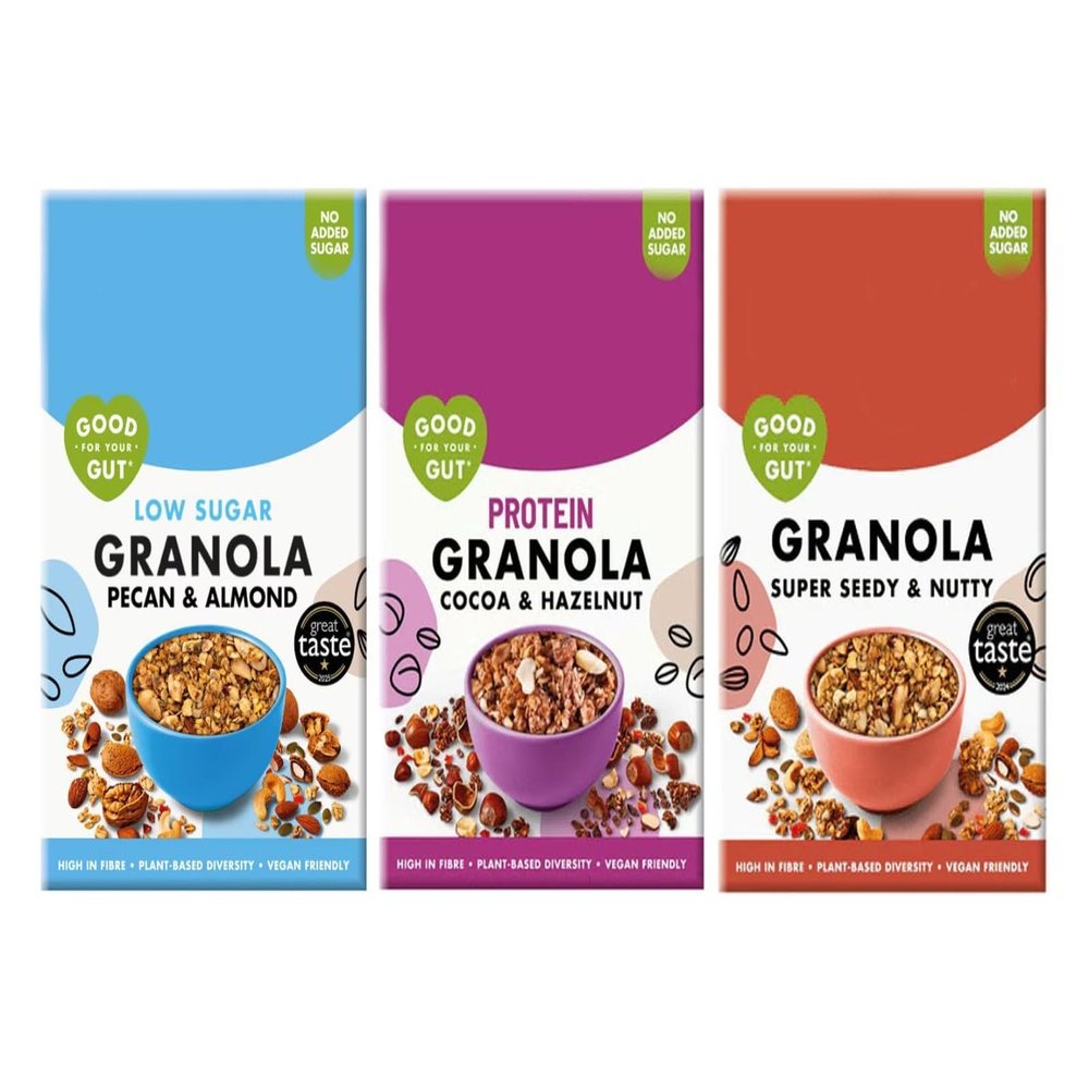 Good For Your Gut Granola Variety Pack, Pecan & Almond, Cocoa & Hazelnut, Super Seedy & Nutty, No Added Sugar, Vegan Friendly, 3 x 360g