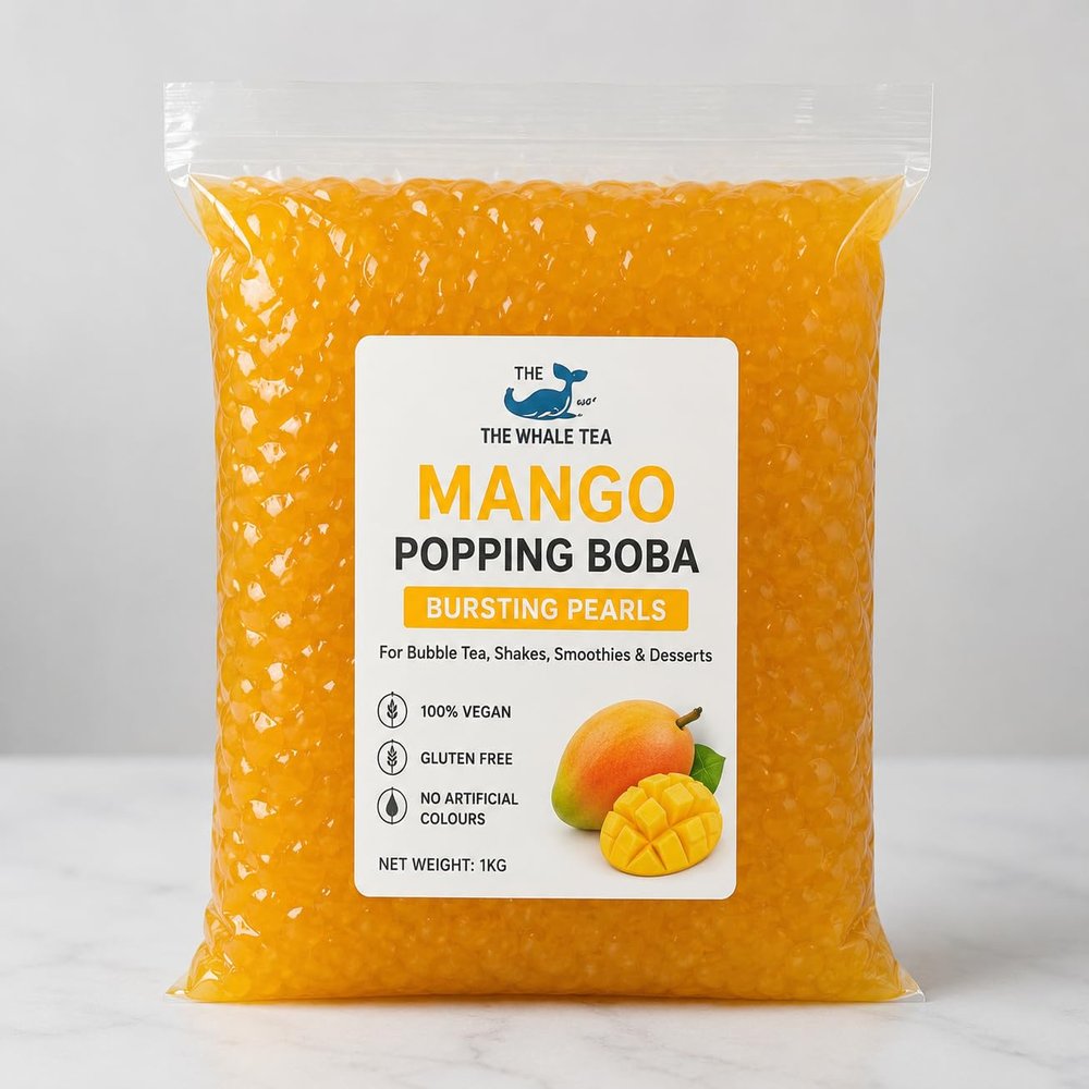 The Whale Tea Mango Popping Boba Bursting Pearls for Bubble Tea, Made with Real Fruit Juice, 100% Vegan, Gluten Free, 1kg