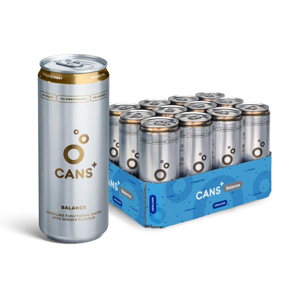 Functional Sparkling Drink CANS+ Balance with Ginger & Pear, Prebiotic Fibre, Magnesium, Canned Fizzy Spring Water, No Added Sugar or Sweeteners, 330ml x 12 Cans