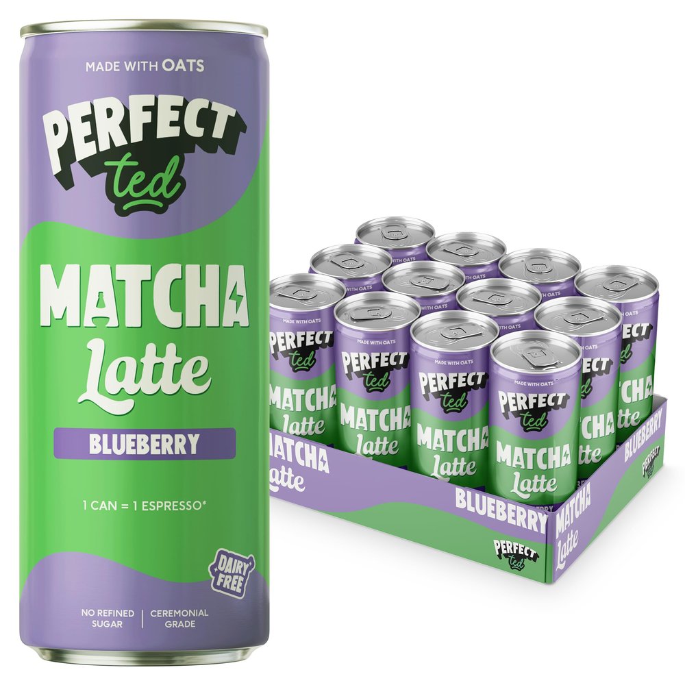 PerfectTed Blueberry Matcha Latte RTD, Ceremonial Grade Matcha, 12 x 250ml Cans, Ready-to-Drink with Gluten-Free Oats | Smooth & Creamy | Dairy-Free | Vegan (12 Pack, Blueberry)