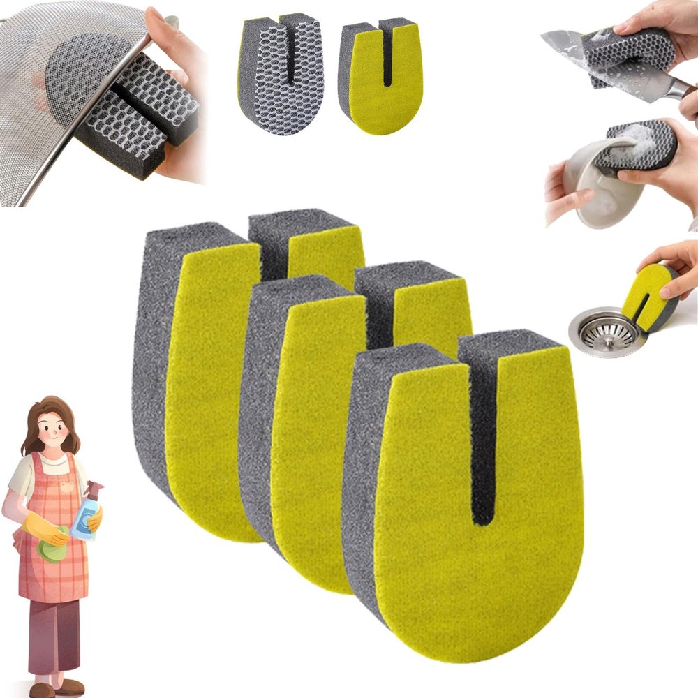 U Shaped Double Sided Sponge Scrubber, Reusable Dishwashing Sponges, Groove Design Multi-Purpose Dish Sponges, for Cups, Knife, Pots and Pans Cleaning (3PCS)