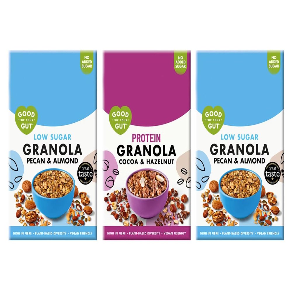 Good for Your Gut Granola Variety Pack, Low Sugar Pecan & Almond and Protein Cocoa & Hazelnut, High Fibre Vegan Friendly, 360g, Pack of 3