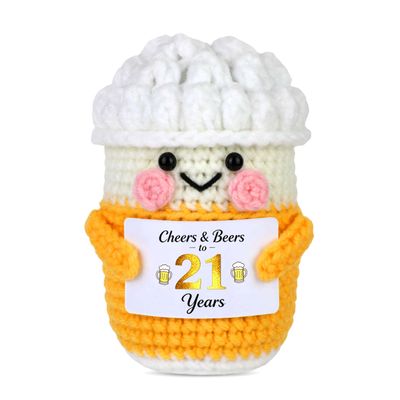 Qpout 21st Birthday Gifts for Men Women, Funny Handmade Crochet Beer with Cheers & Beers to 40 Years Card, Cute Desk Decor & Keepsake for Beer Lovers, Him Her Friends Family