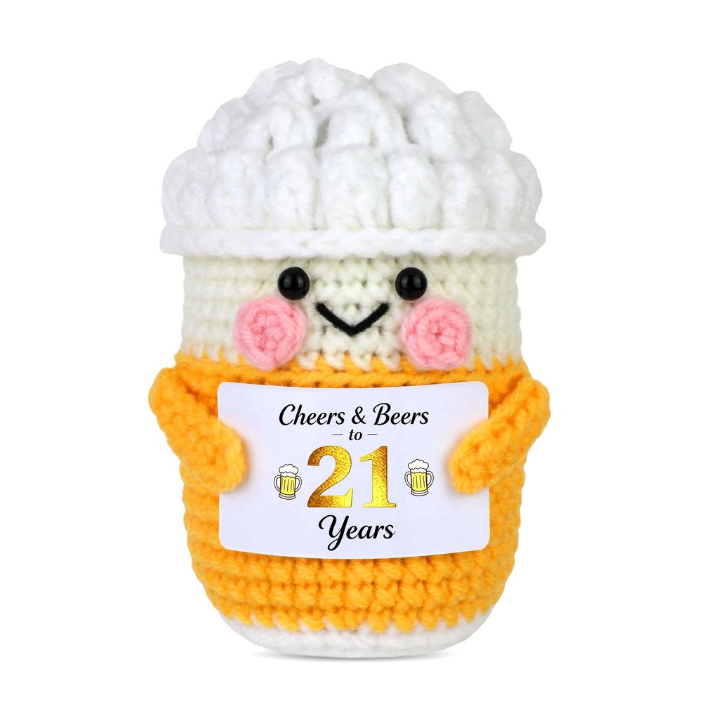 Qpout 21st Birthday Gifts for Men Women, Funny Handmade Crochet Beer with Cheers & Beers to 40 Years Card, Cute Desk Decor & Keepsake for Beer Lovers, Him Her Friends Family
