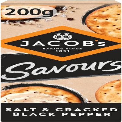 Jacob Savours Bakes Salt & Cracked Black Pepper Crackers, Crispy Baked Savoury Biscuits with Peppery Seasoning, Tea Time & Party Snack, 200g (pack of 3)