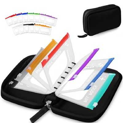 A8 Waterproof Pill Organizer Set, A8 Waterproof Pill Pouch Set, Pill Bags for Travel with 14 Color-Coded Medicine Pouches, Reusable Medicine Bags, Zippered Pill Storage for Fish Oils, Vitamins (Black)