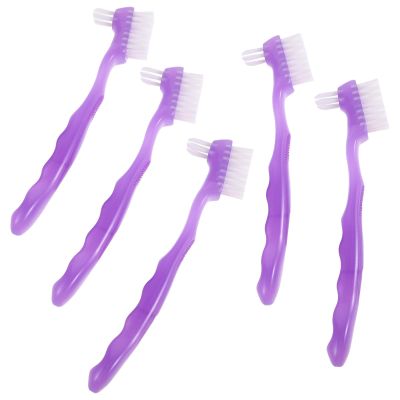 KAJNBN 5pcs Portable Dual-Sided Denture Brush with Ergonomic Design for Effective Cleaning of False Teeth and Partial Dentures, Made of Sturdy Plastic and Nylon, for Vacations