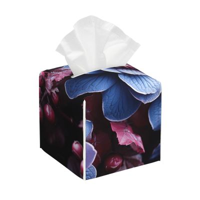 Pu Leather Cube Tissue Box Holders Modern Waterproof Square Tissue Box Cover Purple Flowers With Leaves Facial Paper Holder For Bathroom Kitchen Nightstand Office Home Decor