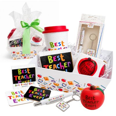 Best Teacher Ever Hamper for Teacher Gifts - Thank You Teacher Hamper Basket with Travel Mug, Apple Stress Ball, Pen, Keychain & Coaster Set. Great for School Leavers, End-of-Term Gifts