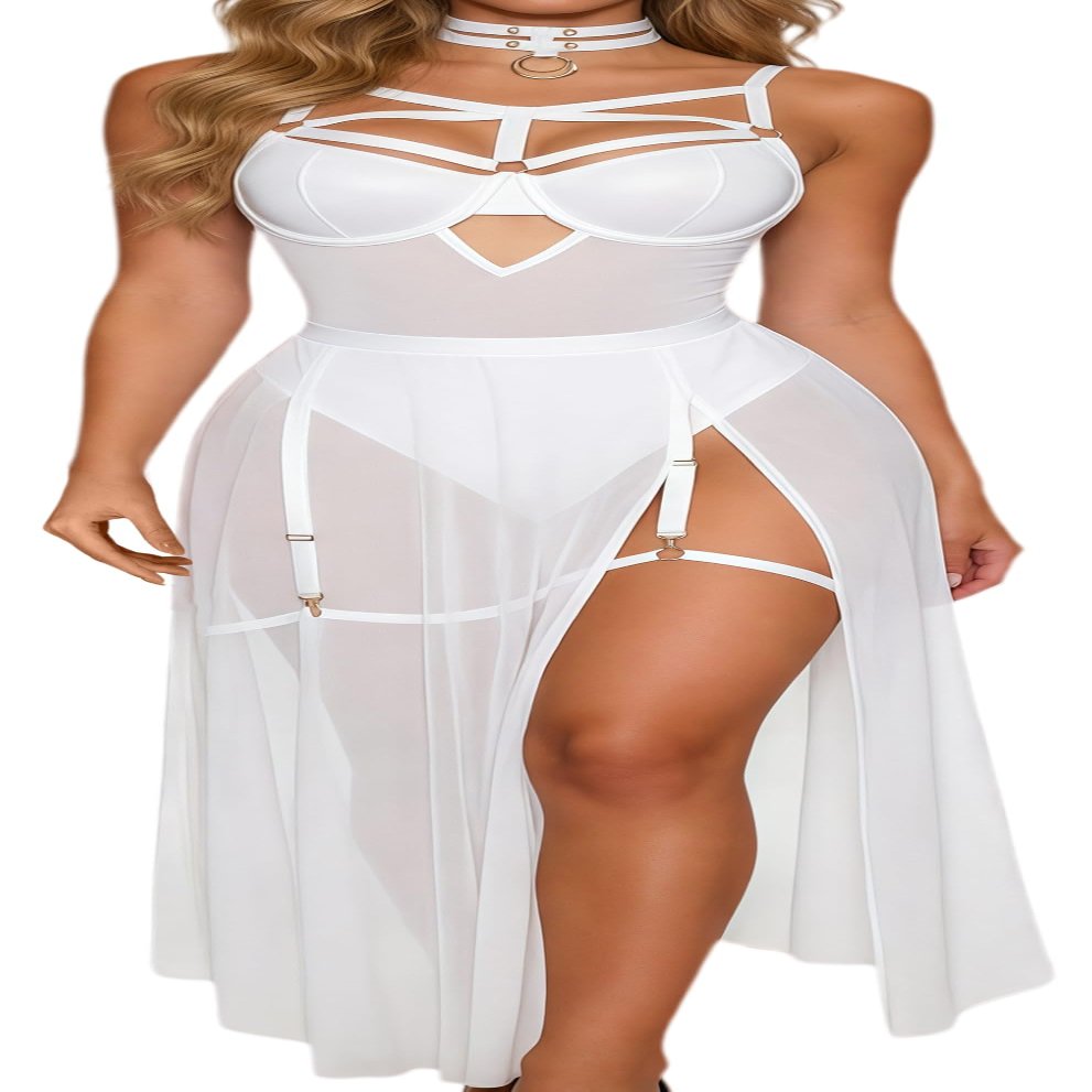 SEAUR Women Lingerie Set Patent Shine Adjustable Strap Bodysuit Transparent Mesh Slit Skirt 2 In 1 Outfit Clubwear White L
