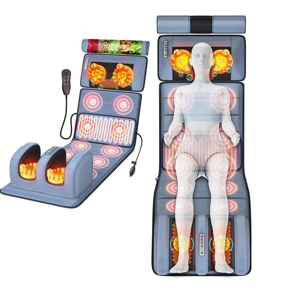 Full Body Vibration Massage Mat with Heat, 10 Motors and 2 Heating Pads for Neck, Back and Shoulders, Grey