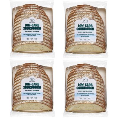ROBERT ANDREW 4-Pack Low-Carb Sourdough White Bread, 5.7g Carbs 7g Protein 82Kcal, High Protein & Fibre, Sliced Half Bloomer, Freshly Baked, Freezer Friendly, 4x 350g