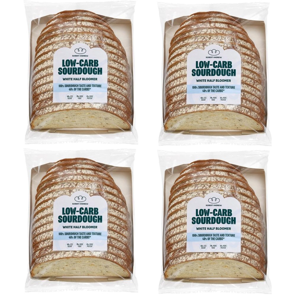ROBERT ANDREW 4-Pack Low-Carb Sourdough White Bread, 5.7g Carbs 7g Protein 82Kcal, High Protein & Fibre, Sliced Half Bloomer, Freshly Baked, Freezer Friendly, 4x 350g