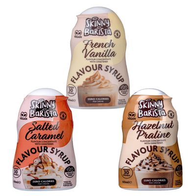 The Skinny Food Coffee Flavour Vegan Syrup Bundle Pack - Salted Caramel, French Vanilla & Hazelnut Praline Concentrate with sweetener 60ml x Pack of 3