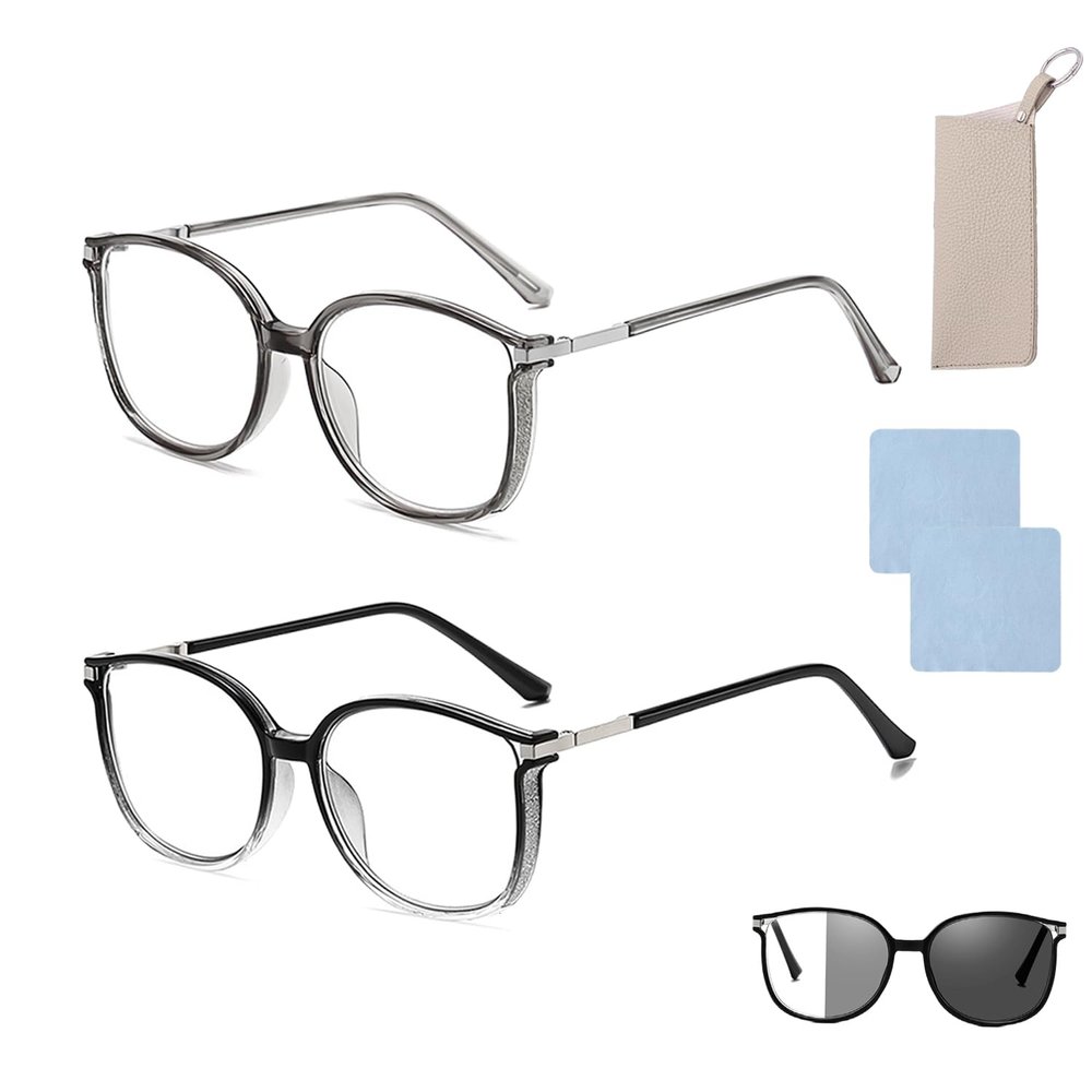 Women's Portable Fashion Anti-Blue Light Reading Glasses,Ultra Light Photochromic Reader Large Frame,Sparkling Bling Diamonds (2PCS-E,+2.0,Color-changing)