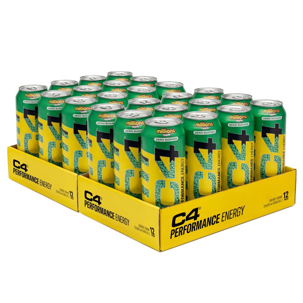 C4 Performance Energy Drinks Millions Apple 500ml (24pack) | Sugar Free Energy Drink with 160mg Caffeine, 250mg Betaine, 1050mg Taurine | Low Calorie Fizzy Drinks for On the Go Energy and Focus