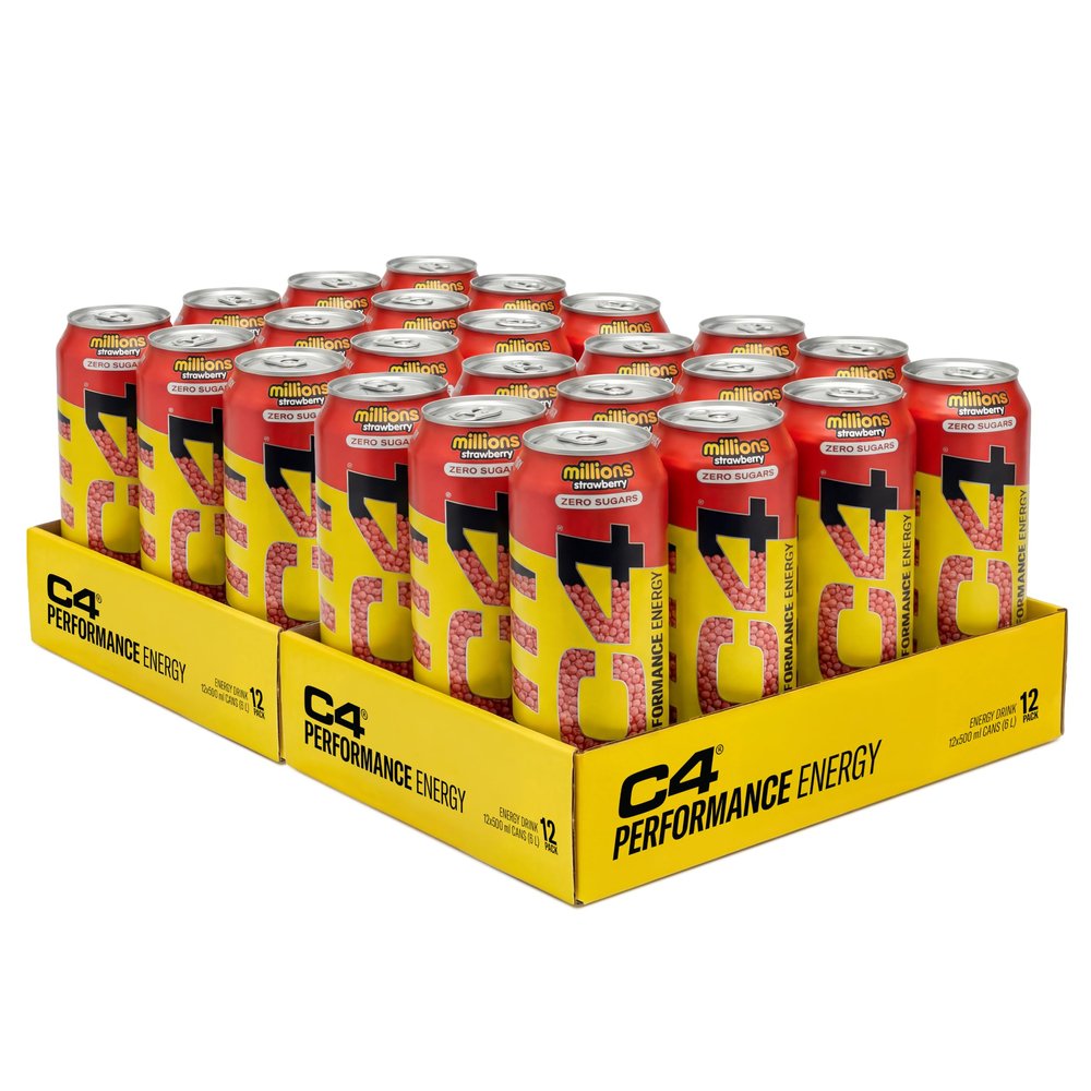 C4 Performance Energy Drinks Millions Strawberry 500ml (24pack) | Sugar Free Energy Drink with 160mg Caffeine, 250mg Betaine, 1050mg Taurine | Low Calorie Fizzy Drinks for On the Go Energy and Focus