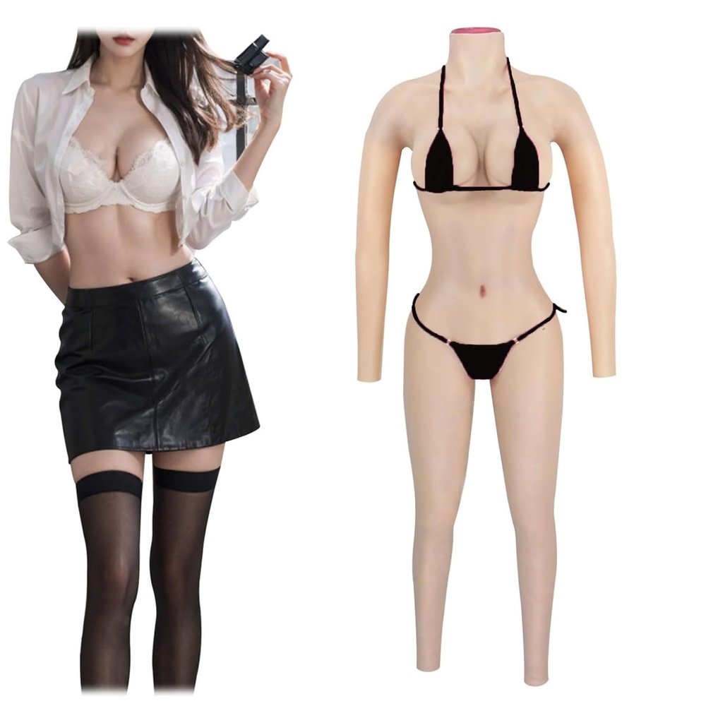 Silicone Full Body Bodysuit Ankle Length Fake Breasts Enhancer Insert and Pee Panty for Crossdresser