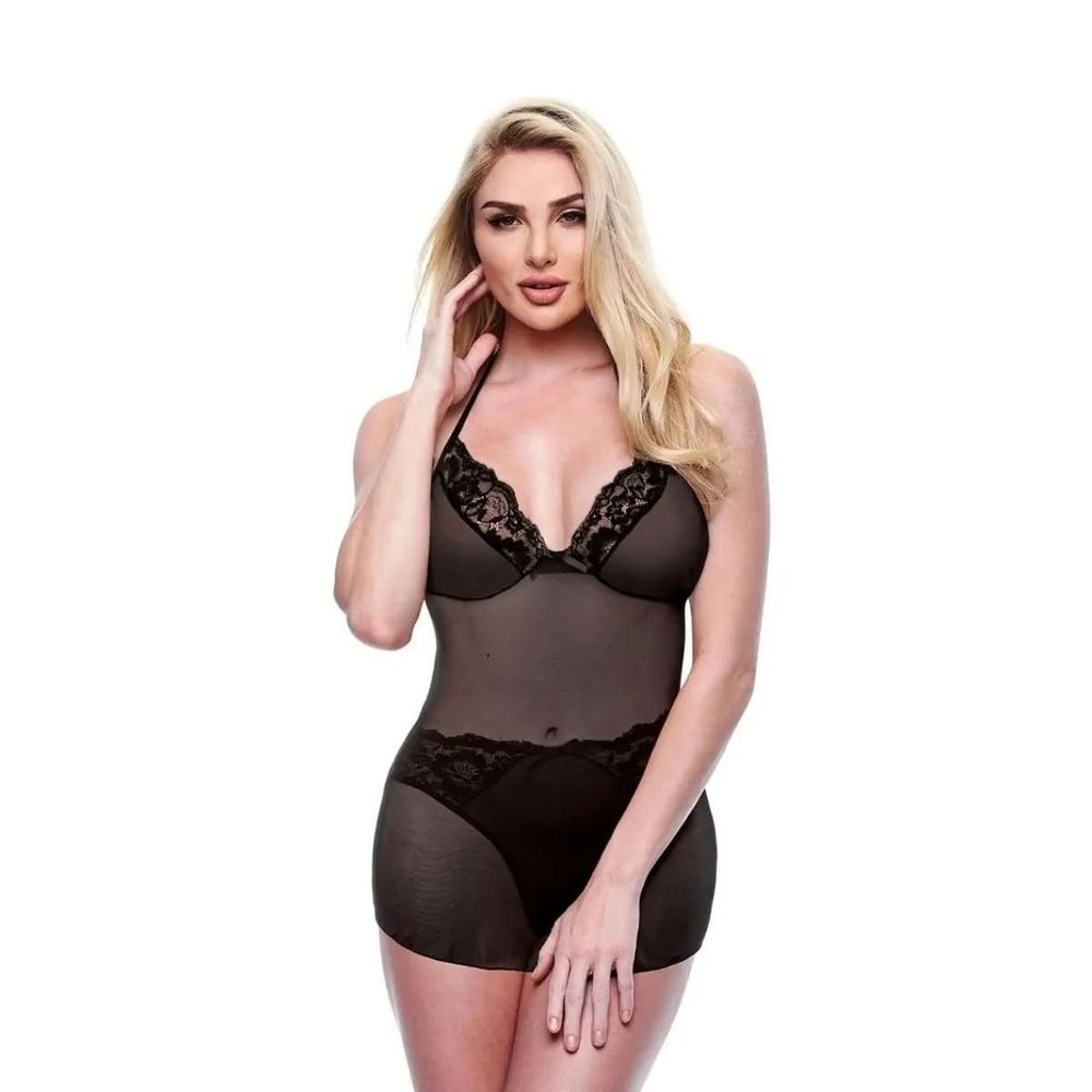 Baci 2 Piece Eco Chemise & Panty Set Black Recycled Sheer Mesh Womens Lingerie Set - UK Size 12-16