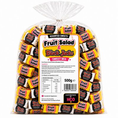 Black Jacks & Fruit Salad Retro Sweets, Assorted Chewy Candy, Pick and Mix, 500g Bulk Bag, for Parties, Gifts & Sharing