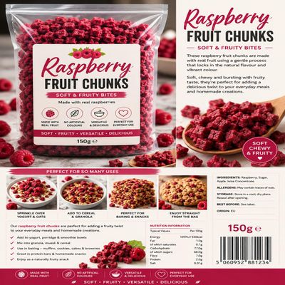 Raspberry Fruit Chunks 150g | Soft & Fruity Raspberry Pieces for Yogurt topping, Oats, Baking & Snacks | Real Fruit Bites