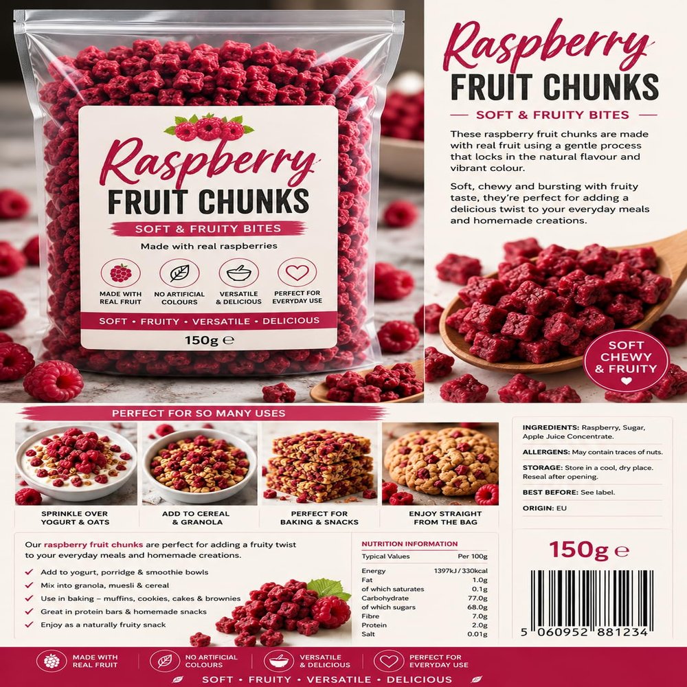 Raspberry Fruit Chunks 150g | Soft & Fruity Raspberry Pieces for Yogurt topping, Oats, Baking & Snacks | Real Fruit Bites