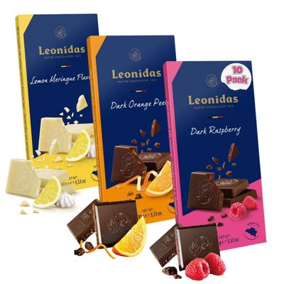 Leonidas 10 Fruit Flavour Chocolate Tablet Set White Lemon Meringue, Dark Raspberry, Dark Orange Premium Belgian Chocolate with Unique Fruit-Infused Flavours Perfect for Snacking (100g Each)