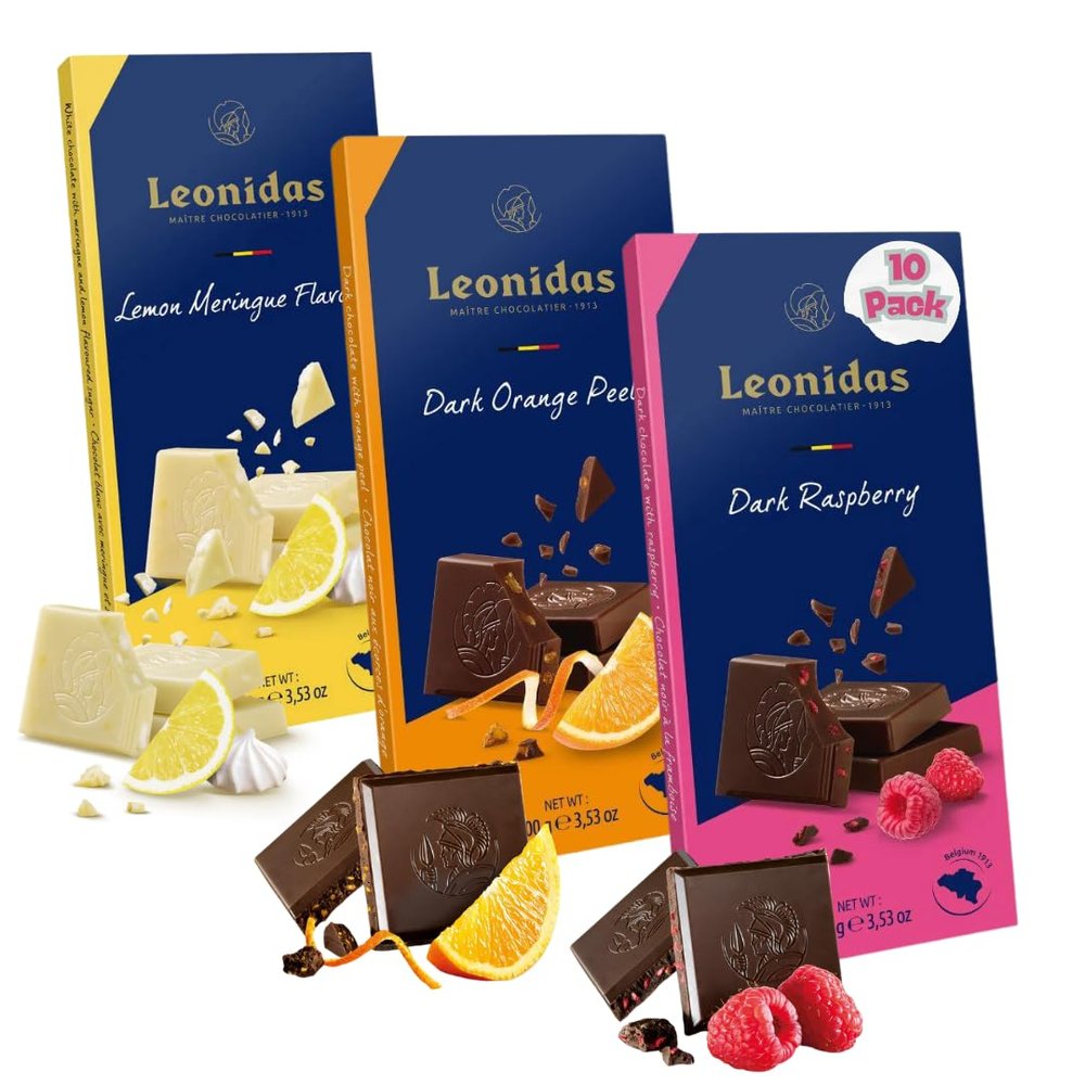 Leonidas 10 Fruit Flavour Chocolate Tablet Set White Lemon Meringue, Dark Raspberry, Dark Orange Premium Belgian Chocolate with Unique Fruit-Infused Flavours Perfect for Snacking (100g Each)