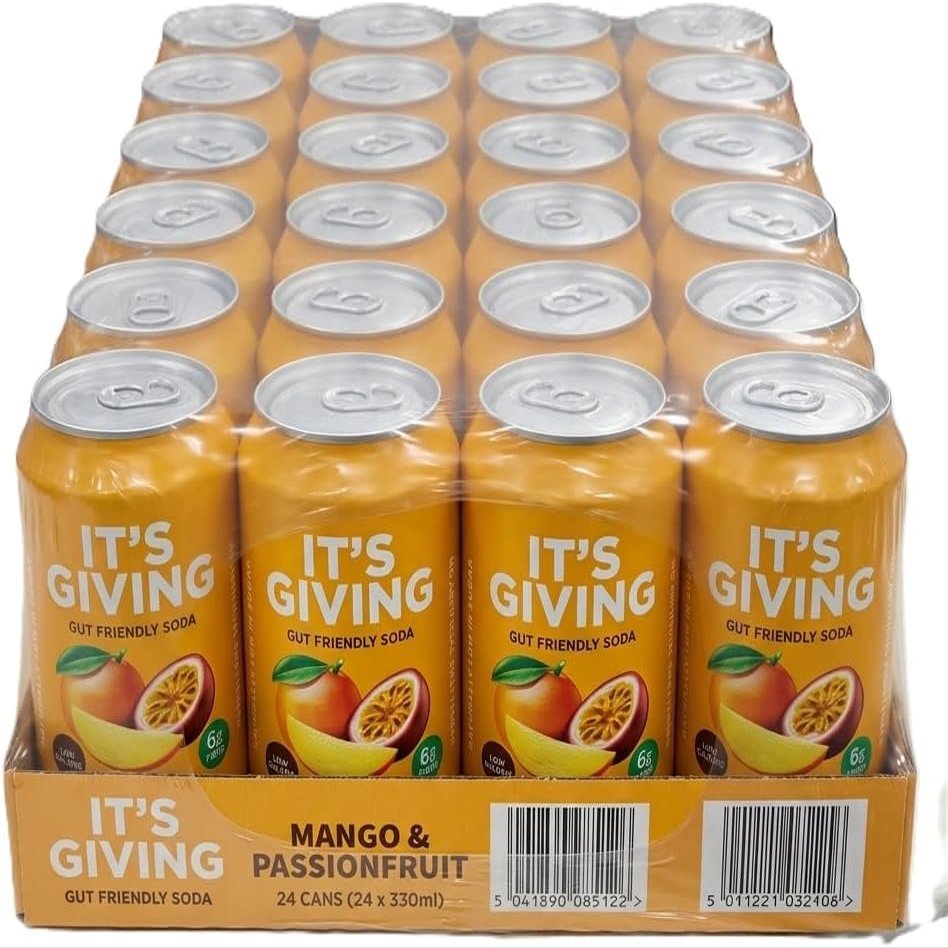 Gut Friendly Soda, Mango & Passionfruit Flavour, 330ml Cans, 24 Pack Tropical Fruit Drink - By Kandy Collection