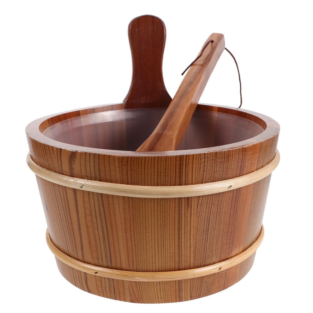 LABRIMP Wooden Sauna Bucket and Ladle Set 1 Gallon/4l Rustic Tub with Long Handle for Steam Room Use, Lightweight and Heat Retaining Sauna Accessories