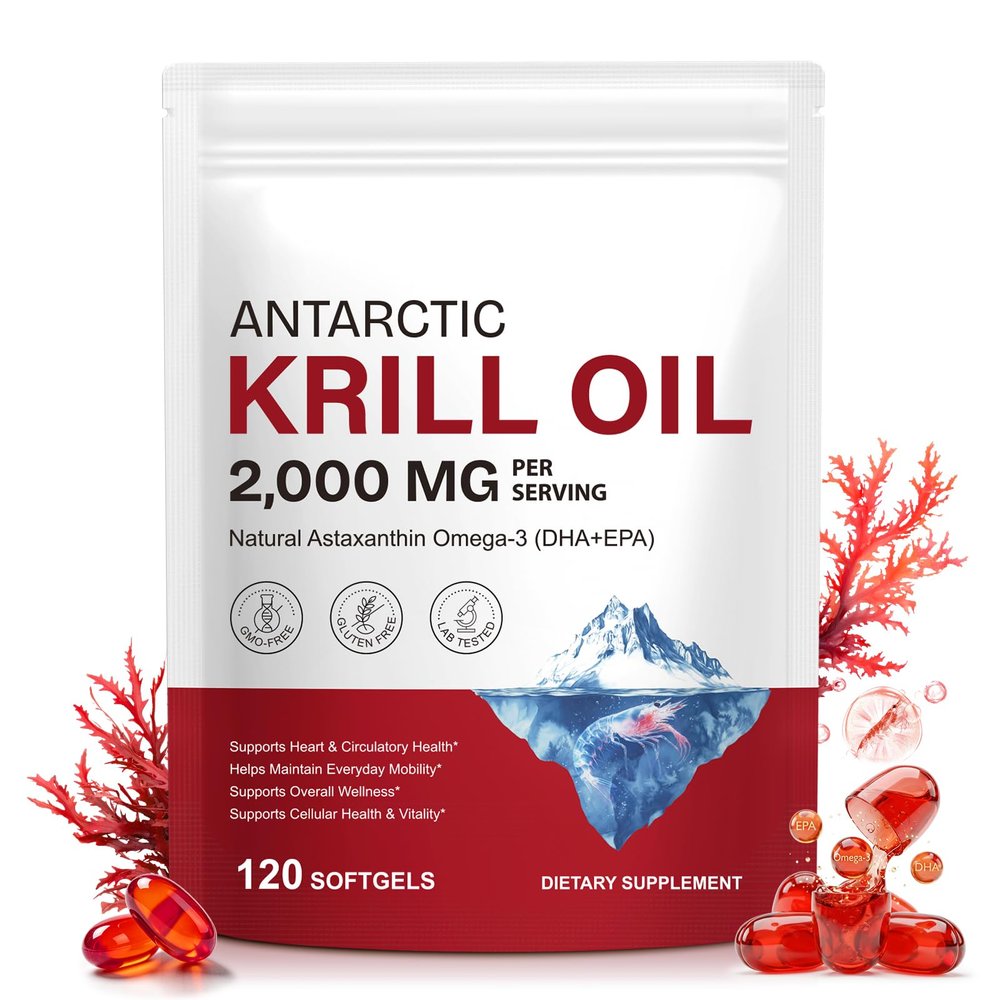 Antarctic Krill Oil Omega 3 2000mg Softgels, with Extra Strength EPA & DHA, Natural Phospholipids & Astaxanthin, Powerful Antioxidant for Brain/Heart/Eye Health, No Fishy Aftertaste | 120 Pcs