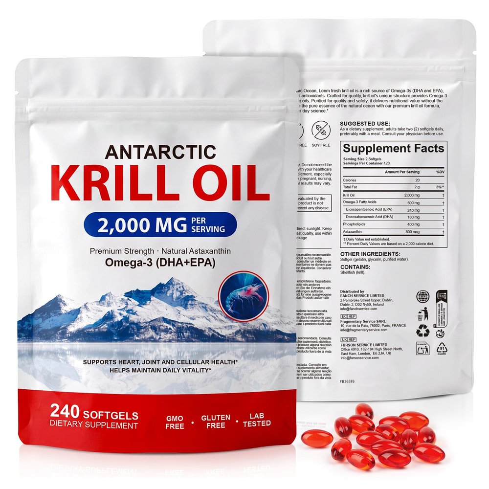 Antarctic Krill Oil Capsules, 2000mg Max Strength Antarctic Krill Oil Softgels | 240 Softgels | High Strength Blend with Omega-3, Astaxanthin, Phospholipids, DHA and EPA