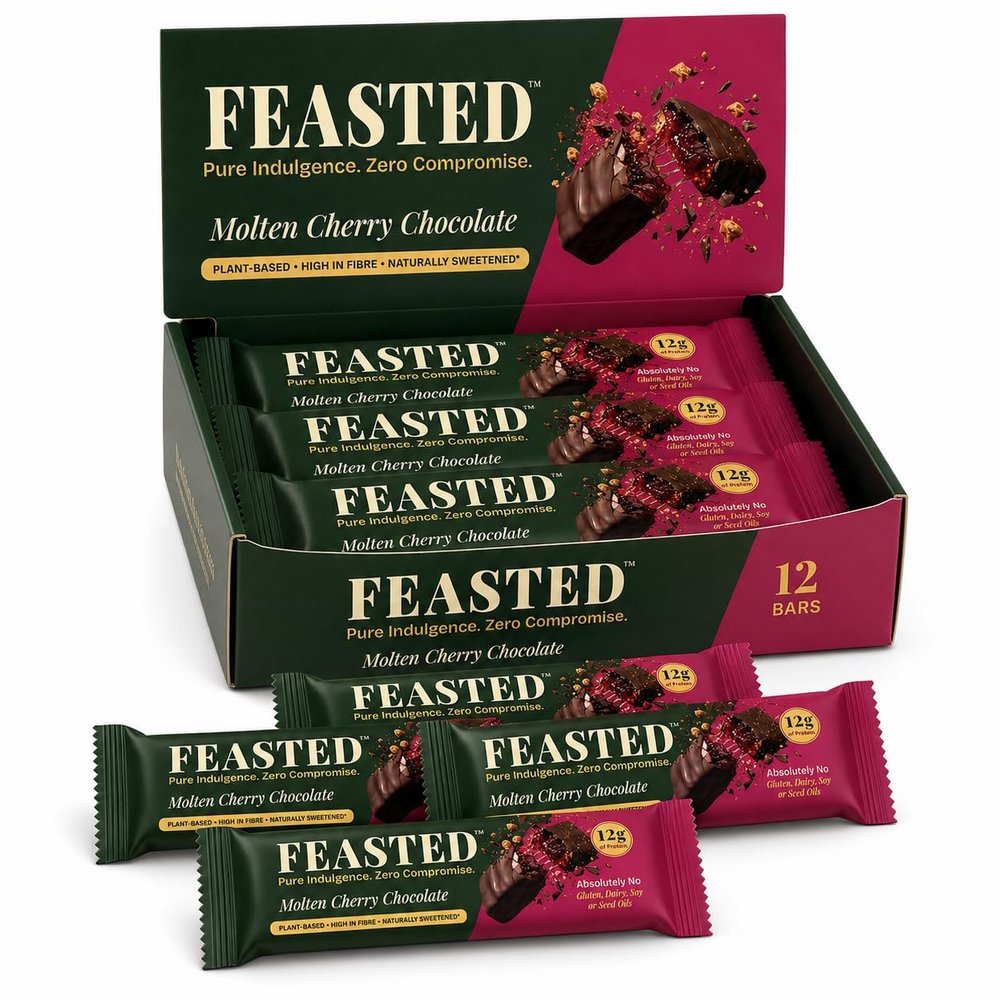 FEASTED Molten Cherry Bliss Vegan Protein Bar 12g Protein, High Fibre, No Added Sugar, Plant-Based Gut-Friendly Snack with Dark Chocolate & Sour Cherry, 50g (Pack of 12)
