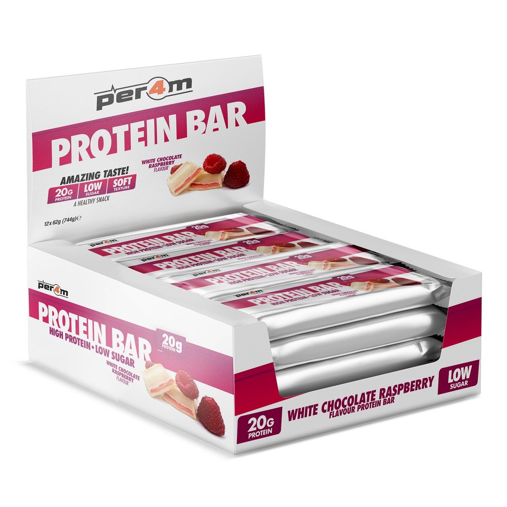 Per4m On-the-Go Protein Bar | High Protein, Low Sugar Bar with 20g Protein | Nutritional & Healthy Gym Snack Bar | Box of 12 x 62g (Box, White Choc Raspberry)