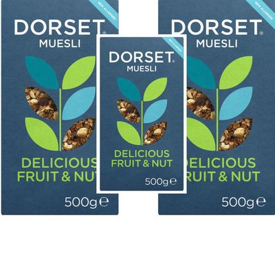 Dorset Cereals Delicious Fruit & Nut No Added Sugar Muesli 500g | High Fibre Breakfast Cereal with Raisins, Dates, Almonds & Hazelnuts | Wholegrain Oats & Wheat Flakes (pack of 3)