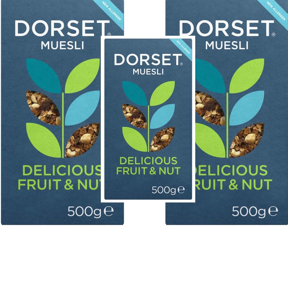 Dorset Cereals Delicious Fruit & Nut No Added Sugar Muesli 500g | High Fibre Breakfast Cereal with Raisins, Dates, Almonds & Hazelnuts | Wholegrain Oats & Wheat Flakes (pack of 3)