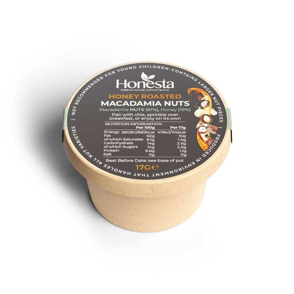 Honesta Macadamia Crunch- Honey Roasted Topping for Chia, Porridge, Overnight Oats & Yogurt- Single Serve 17g (Pack of 12)