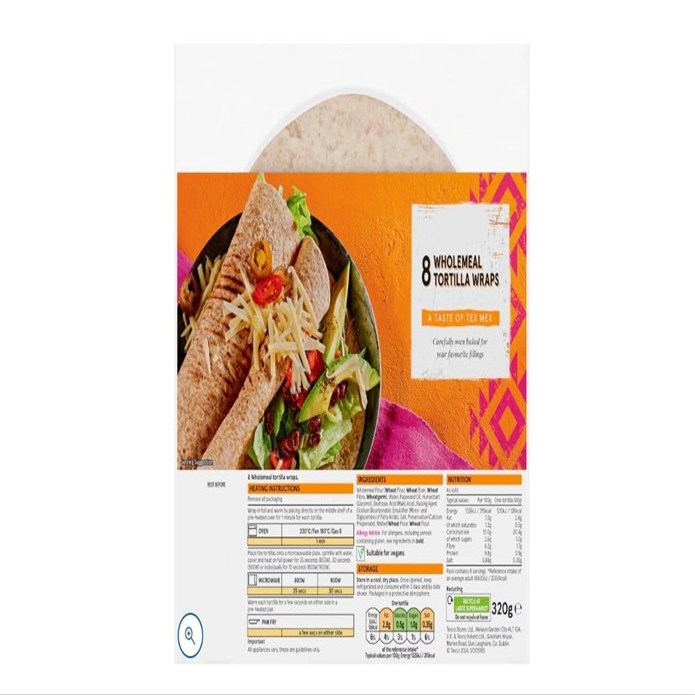 Wholemeal Tortilla Wraps 8 Pack 320g,TASTE OF TEX MEX Carefully oven baked for your favourite fillings