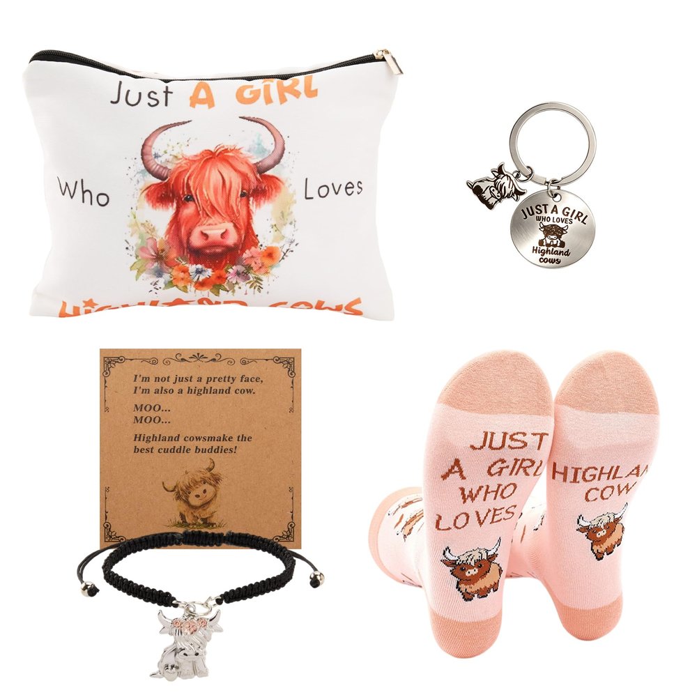 Wasise Highland Cow Gifts - 4PCS Just a Girl Who Loves Highland Cows Stationery Gift Set with Bracelet, Socks, Keyring and Makeup Bag, Cute Scottish Farmhouse Themed, Thoughtful Gift for Her