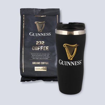 Guinness Coffee 232 Brew Gift Set 227g Roasted Ground/Filter Coffee & Guinness Contemporary Travel Mug by Tiki Tonga Coffee Roasters