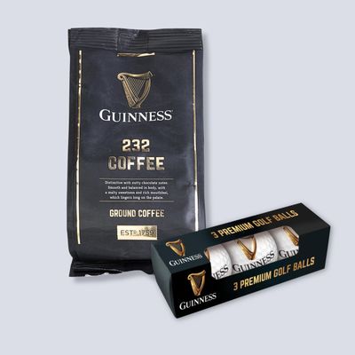 Guinness Coffee 232 Brew Gift Set 227g Roasted Ground/Filter Coffee & 3 Guinness Logo Golf Balls by Tiki Tonga Coffee Roasters